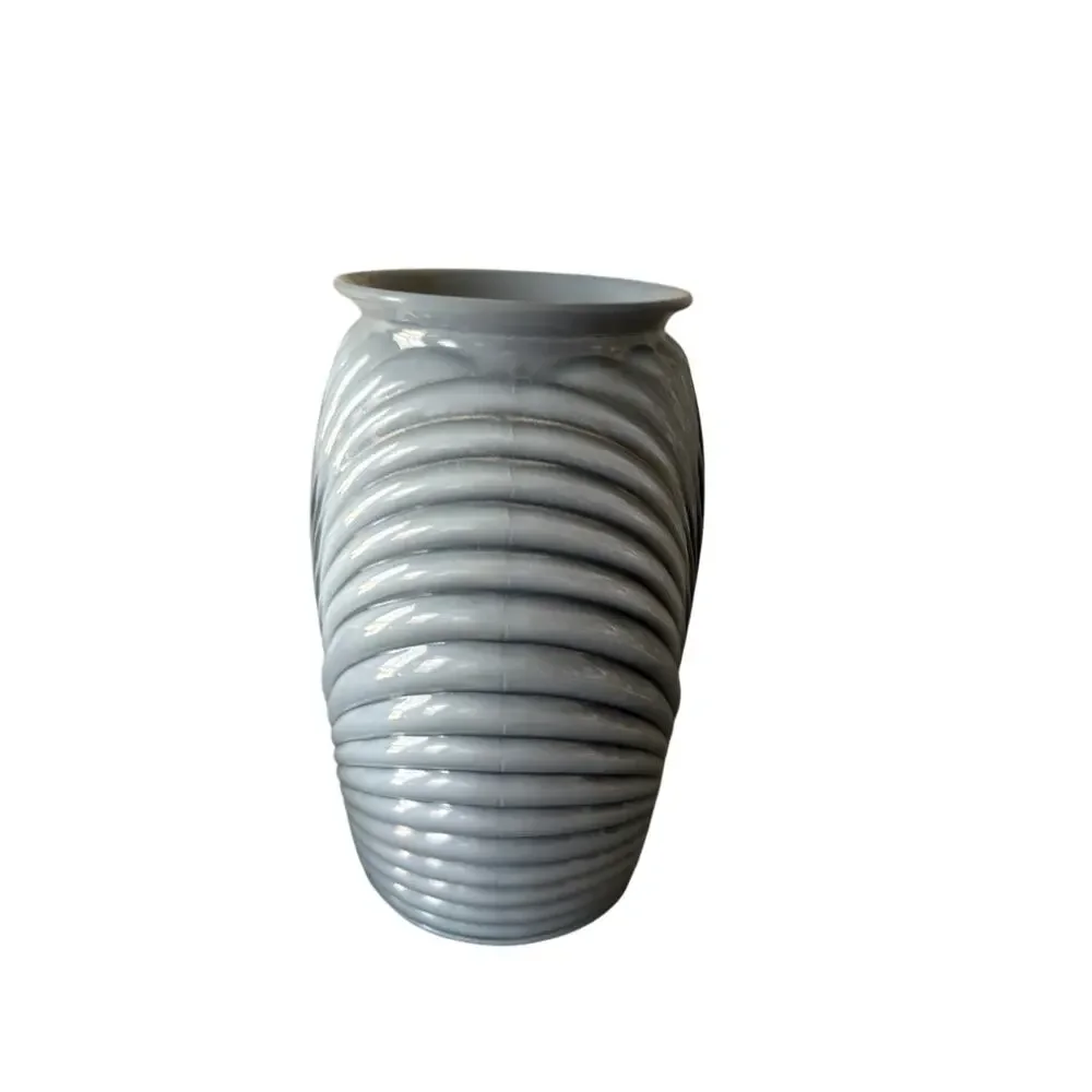 Vintage Gray Art Deco Revival Ribbed Wrapped Art Glass Vase 9.5” Anchor Hocking